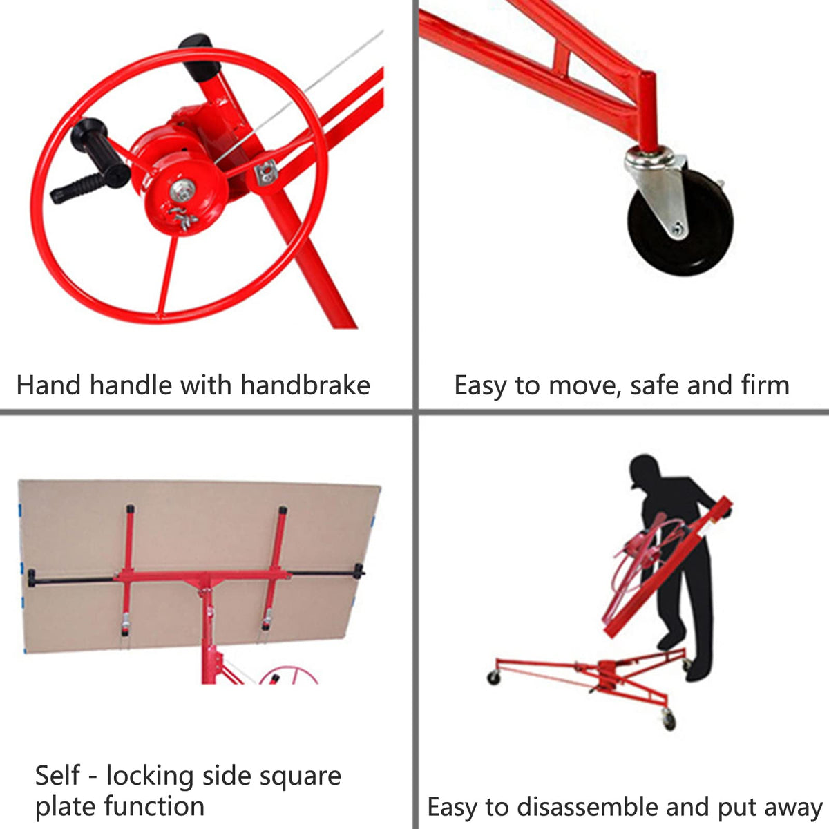Plasterboard Lifter Height Adjustable Good Load-bearing with Castors Detachable Multi-Function Drywall Lift Plasterboard Panel Rolling Lifter Gadget (Metal)