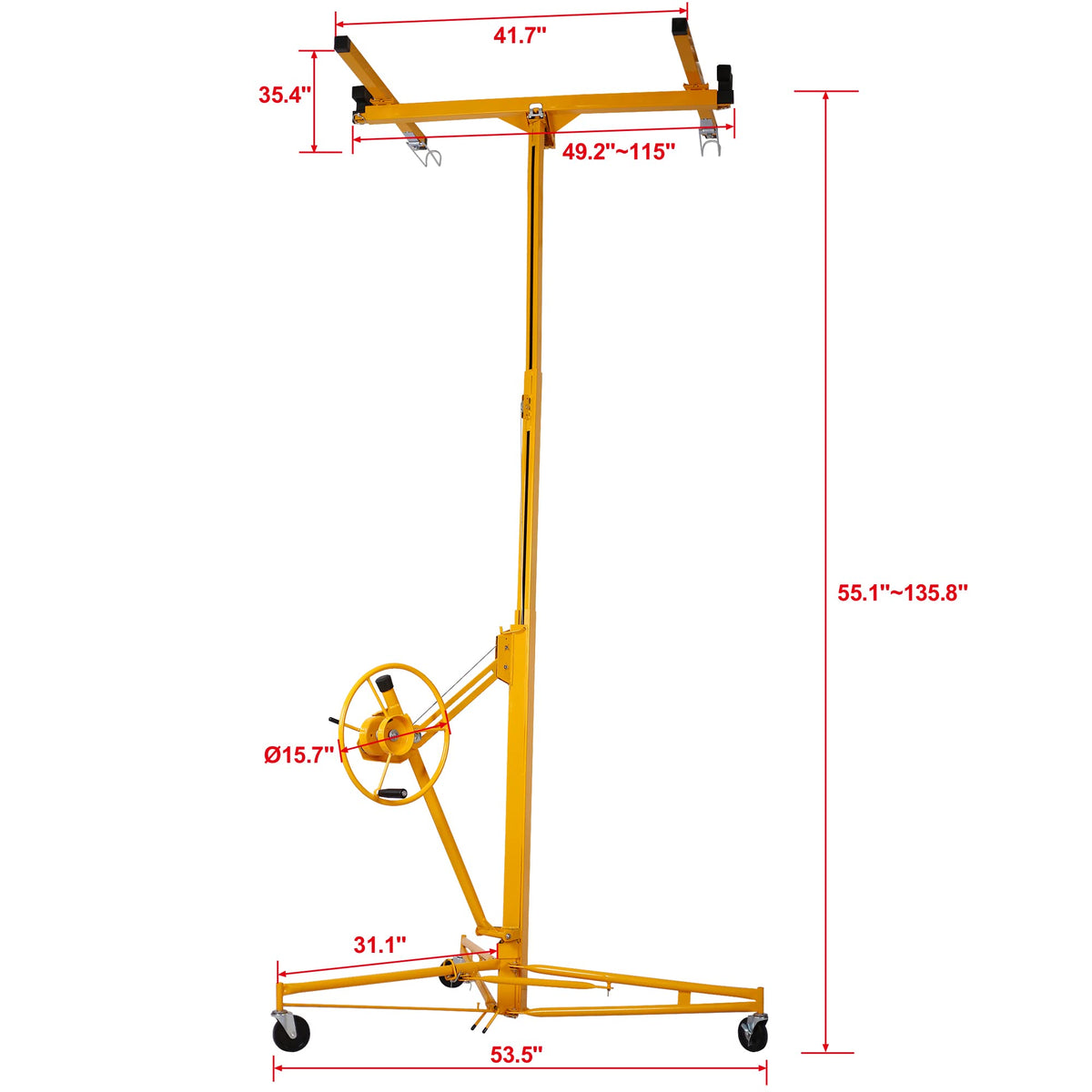 Drywall Lift 11 ft Panel Hoist Jack Lifter for Construction 150LBS Capacity Adjustable Drywall Panel Hoist for Ceiling and Wall Installation Portable Sheetrock Lift with Winch Brake Yellow