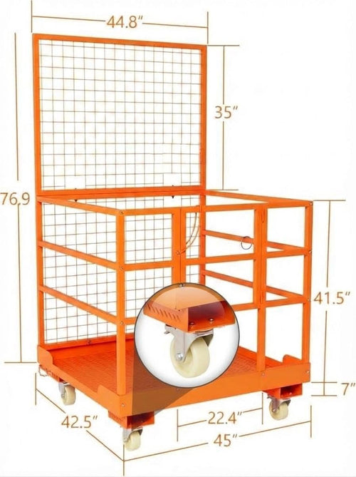 43x45 in Forklift Safety Cage Man Basket, 1800 LB Capacity, Heavy Duty Steel Forklift Work Platform with Railing & Wheels for Warehouse Factory Maintenance, Orange