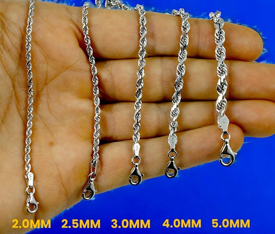 14K White Gold Rope Chain Necklace Bracelet Diamond Cut Real Gold 2mm-6mm 7"-30" | MADE IN ITALY