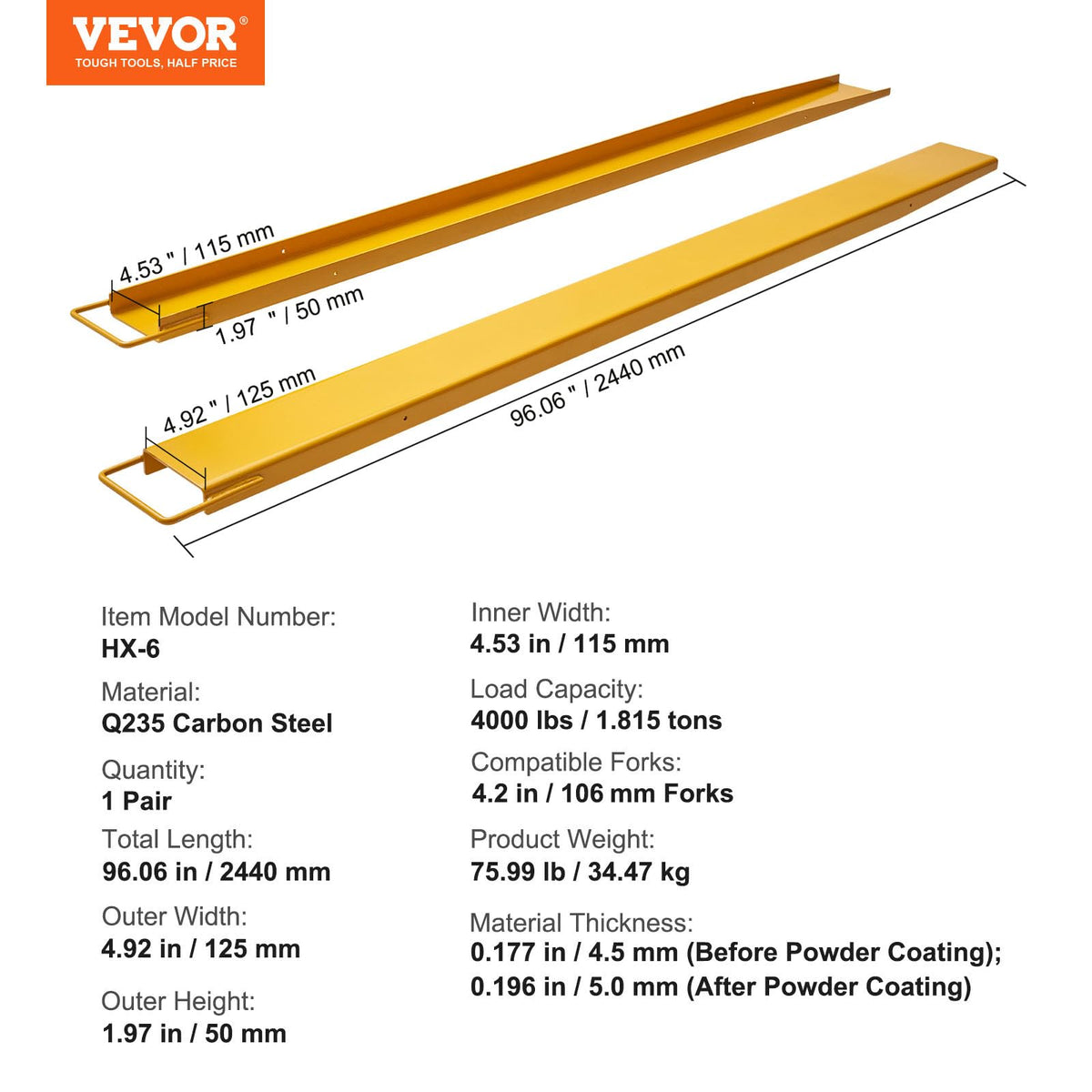 VEVOR Forklift Extensions, 96 Inch Pallet Fork Extensions 4.5 Inch Width, Heavy Duty Fork Extensions for Forklifts, 1 Pair Forklift Extensions for Forklift Truck
