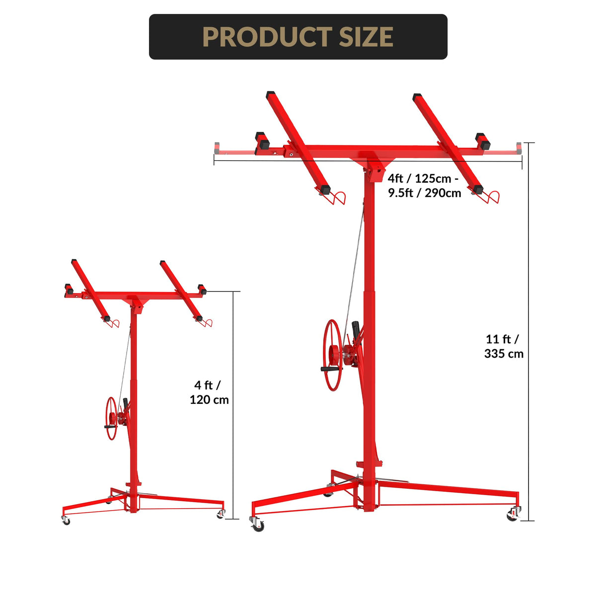 11Ft Drywall Lift, Heavy-Duty 150 Lbs Sheetrock Hoist with Adjustable Telescoping Arm, Lockable Wheels, Drywall Lifter Panel Jack Hoist Tools Ideal for Ceiling & Wall Installation, Red