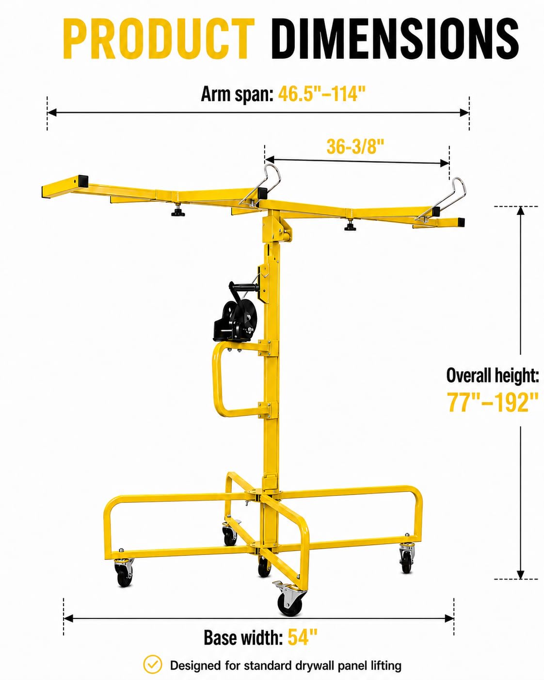 16FT Drywall Lift Sheetrock Lift, 150LBS Drywall Lift Panel Hoist with 4 Lockable Wheels for Ceiling, Drywall Rolling Lifter Panel, Drywall Jack Lift for Home & Commercial Use, Yellow