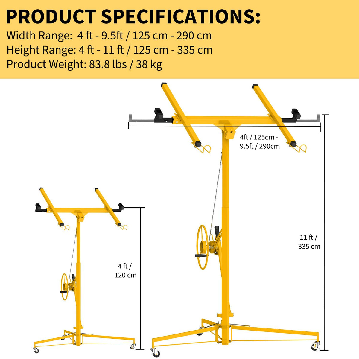 11FT Drywall Lift 150lb, 360 Swivel & 60 Tilt, Tool-Free, 3 Locking Casters