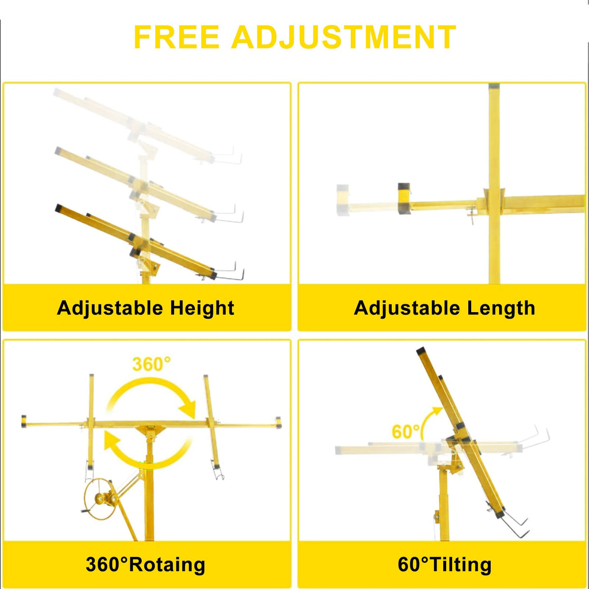Drywall Lift, 11 FT Rolling Caster Lockable Jack Lifter Portable Panel Lift Construction Tools 150LB Heavy Duty Sheetrock Hoist Holder Suitable for Home and Commercial Use, Yellow