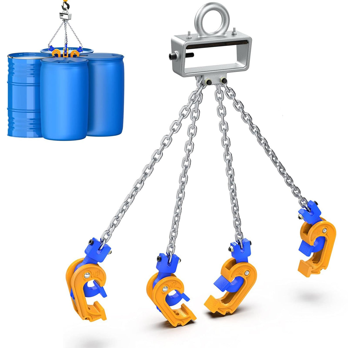 This Heavy Duty Drum Lifting Chain with Self-Locking Hooks for Crane and Forklift Handling