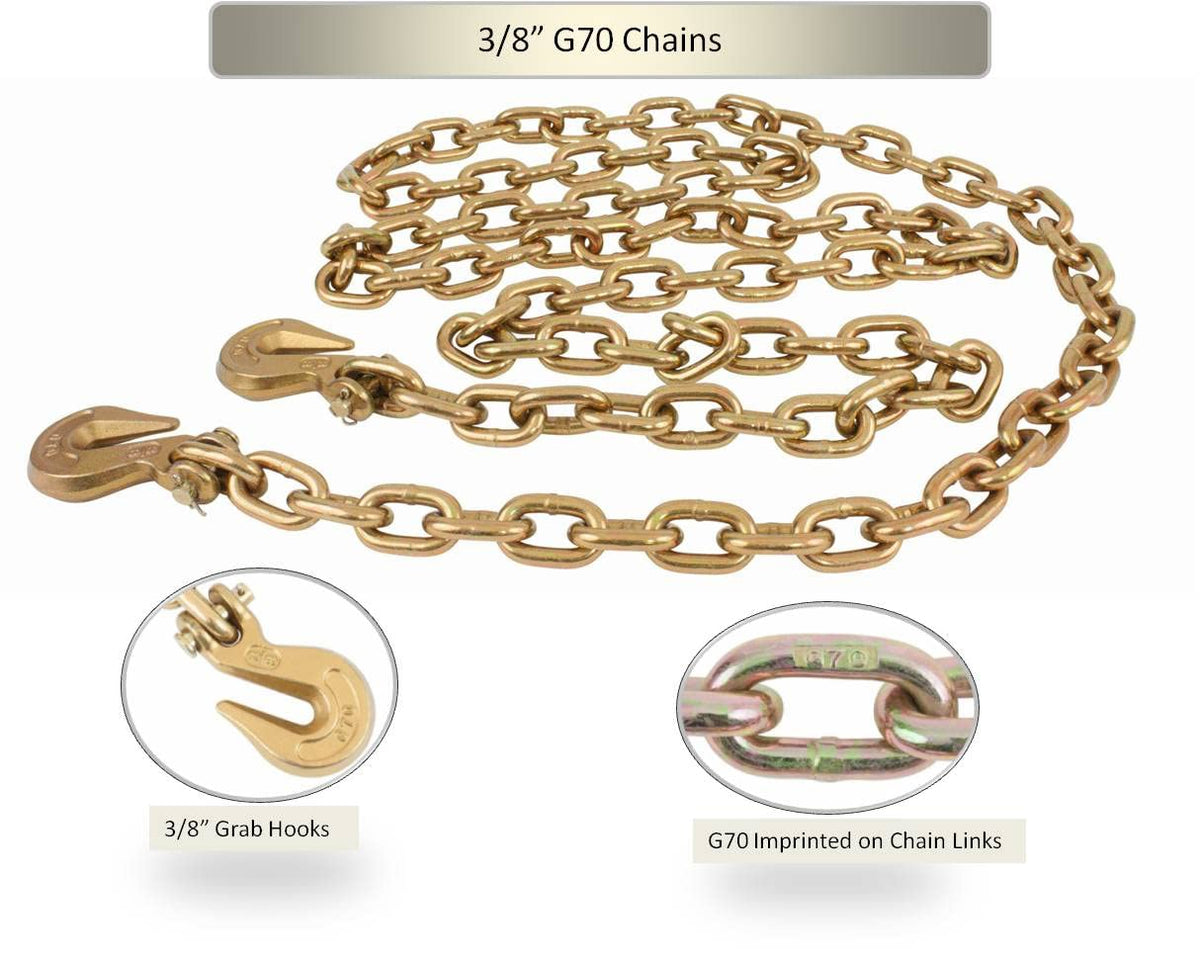 Mytee Products 4 Pack 3/8 Inch x 12 FT Grade 70 Binder Chain with Clevis Grab Hooks - G70 Transport Tow Chain - 6,600 Lbs Working Load Limit