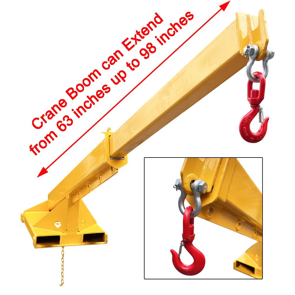 INTBUYING Adjustable Forklift Jib Boom Crane, Lifting up to 4400LB/2T, with a Mobile Crane Hoist and Truss Hook Extension Attachment Ranging from 63-98in for Forklift Towing and Handling Equipment