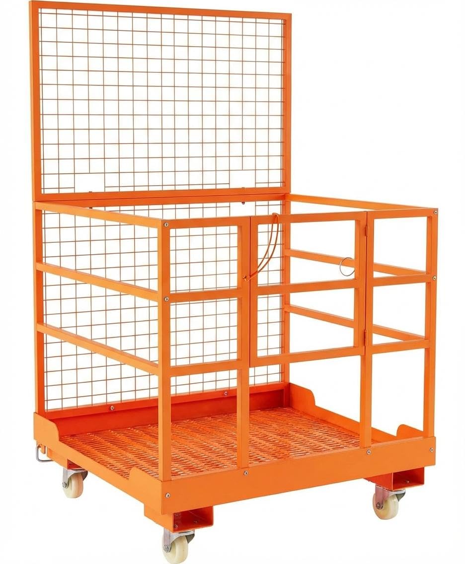 43x45 in Forklift Safety Cage Man Basket, 1800 LB Capacity, Heavy Duty Steel Forklift Work Platform with Railing & Wheels for Warehouse Factory Maintenance, Yellow