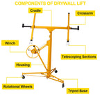 Drywall Lift, 11 FT Rolling Caster Lockable Jack Lifter Portable Panel Lift Construction Tools 150LB Heavy Duty Sheetrock Hoist Holder Suitable for Home and Commercial Use, Yellow