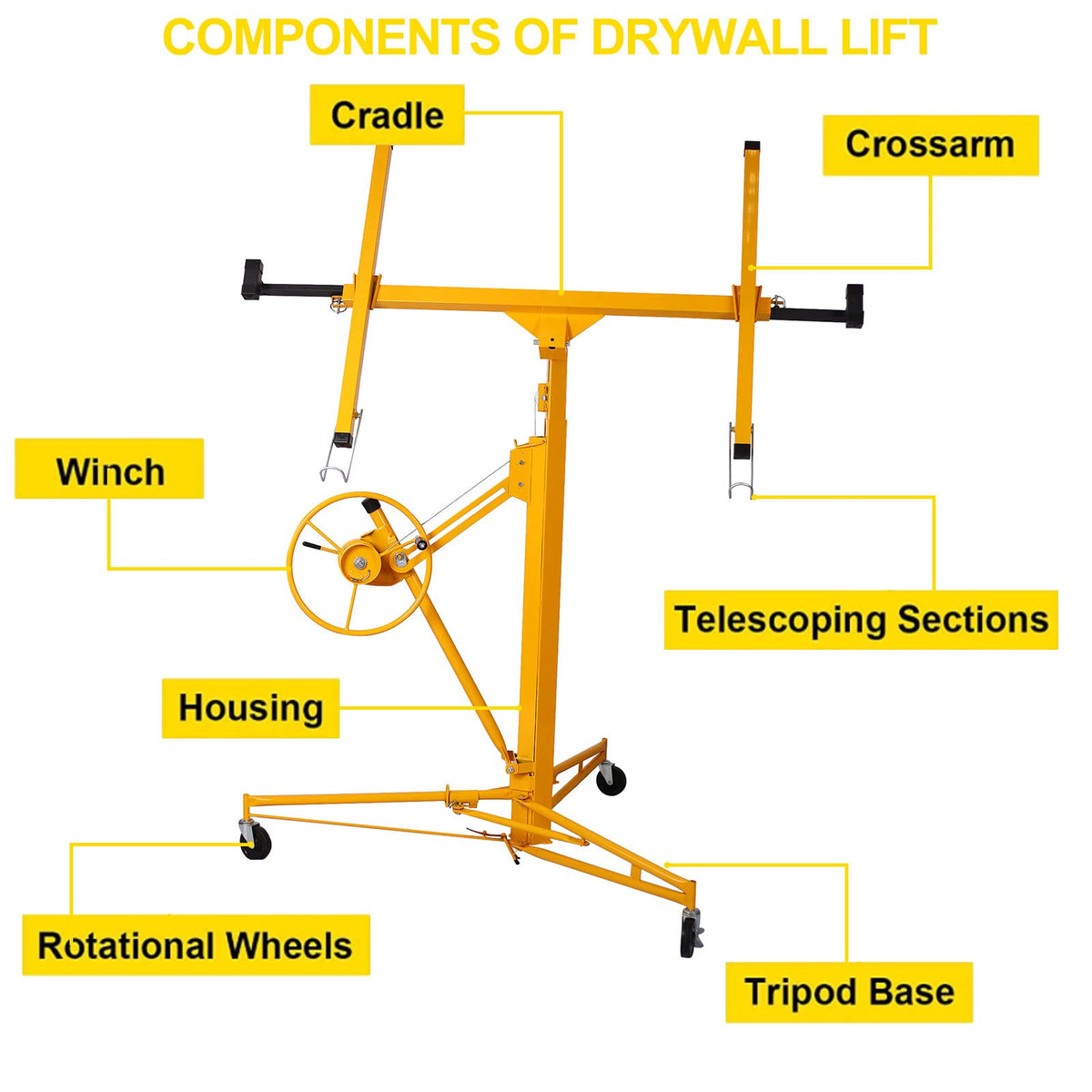 Drywall Lift, 11 FT Rolling Caster Lockable Jack Lifter Portable Panel Lift Construction Tools 150LB Heavy Duty Sheetrock Hoist Holder Suitable for Home and Commercial Use, Yellow