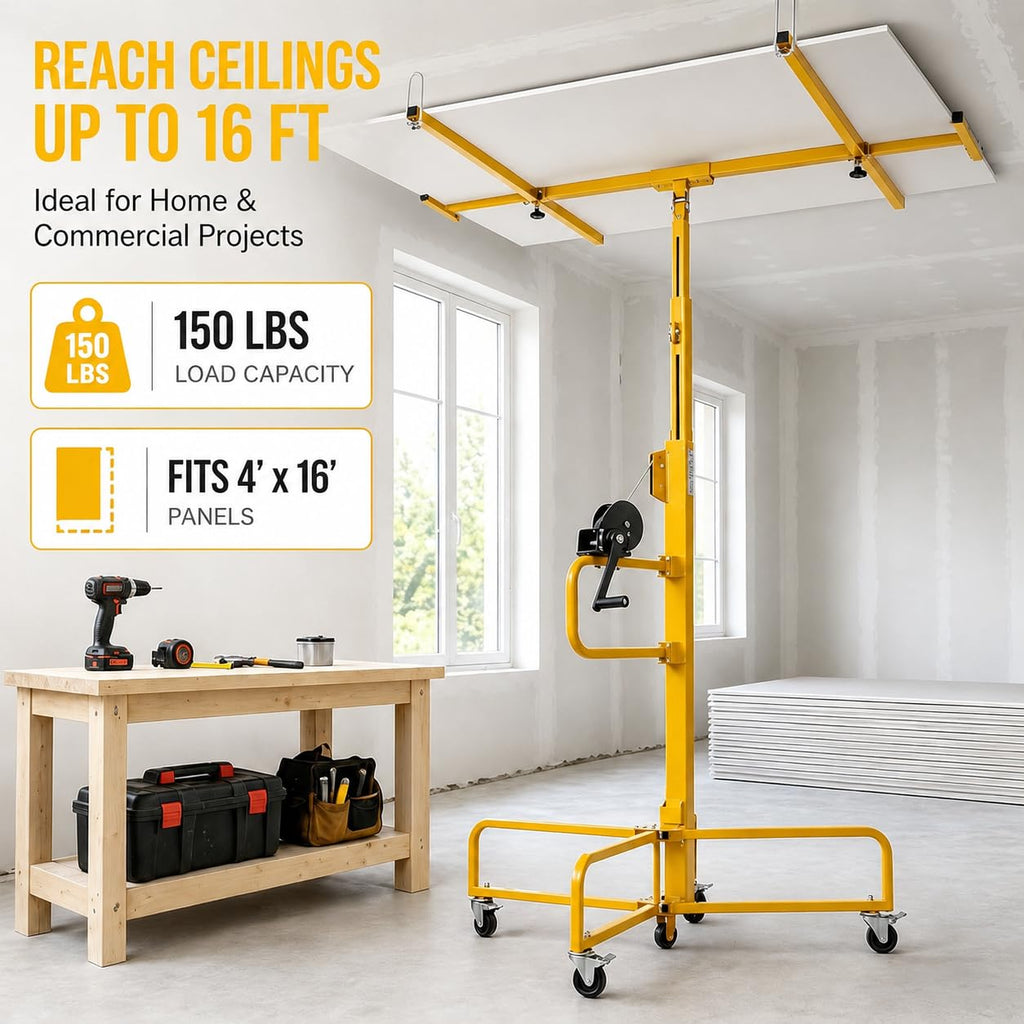 16FT Drywall Lift Sheetrock Lift, 150LBS Drywall Lift Panel Hoist with 4 Lockable Wheels for Ceiling, Drywall Rolling Lifter Panel, Drywall Jack Lift for Home & Commercial Use, Yellow