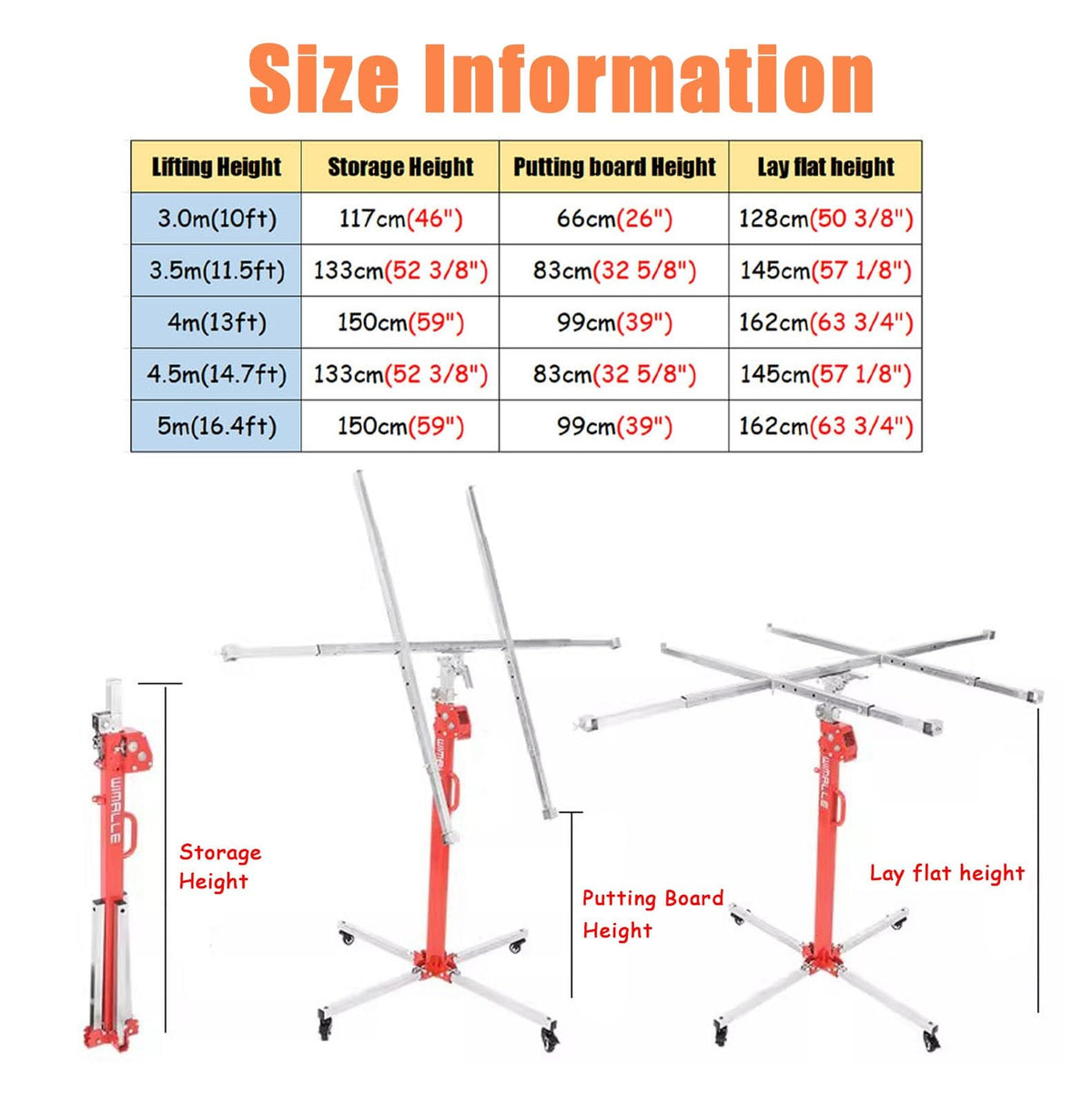 Drywall Lift Red Drywall Rolling Lifter Panel, 10/11.5/13/14.7/16.4 Ft Sheetrock Lifting Tools, Adjustable Ceiling Board Hoist Commercial, for Workshop Garage(3.0 m(10ft))