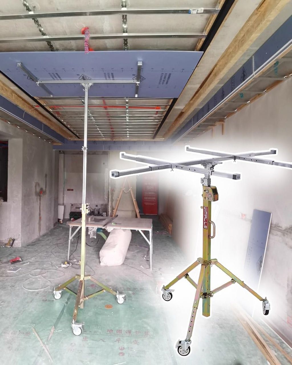 10 11.5 13ft Drywall Panel Hoist with Wheels, Ceiling Sheetrock Lift Drywall Lift, Portable Drywall Jack Construction Tools for Commercial Residential(Max Height 3.0m/9.8ft)