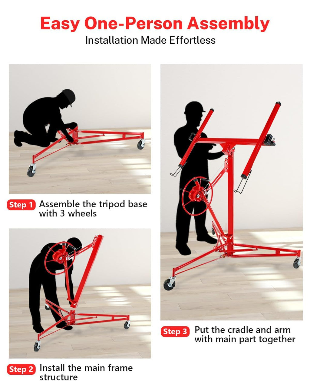 Adjustable Drywall Lift 11FT Heavy Duty - 150Lb Capacity Steel Panel Hoist with Telescopic Arm & Locking Wheels, Single Person Drywall Lifter, Sheetrock Lift for Ceiling Installation