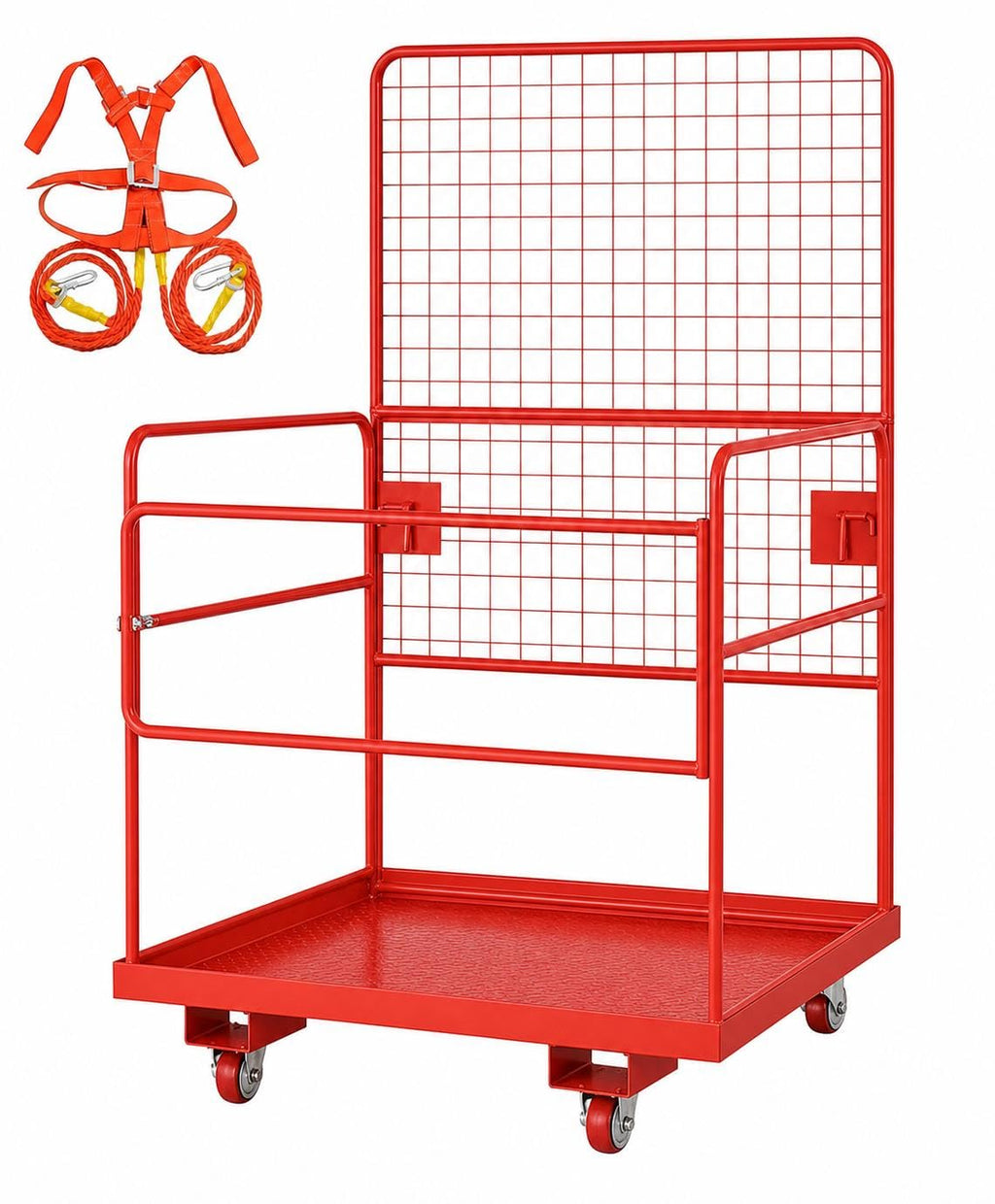 Garvee Industrial Steel Forklift Safety Cage – 1,400 lbs Capacity Man Basket with Collapsible Platform, Guardrails, Safety Harness & Wheels – Heavy-Duty Facility Barrier
