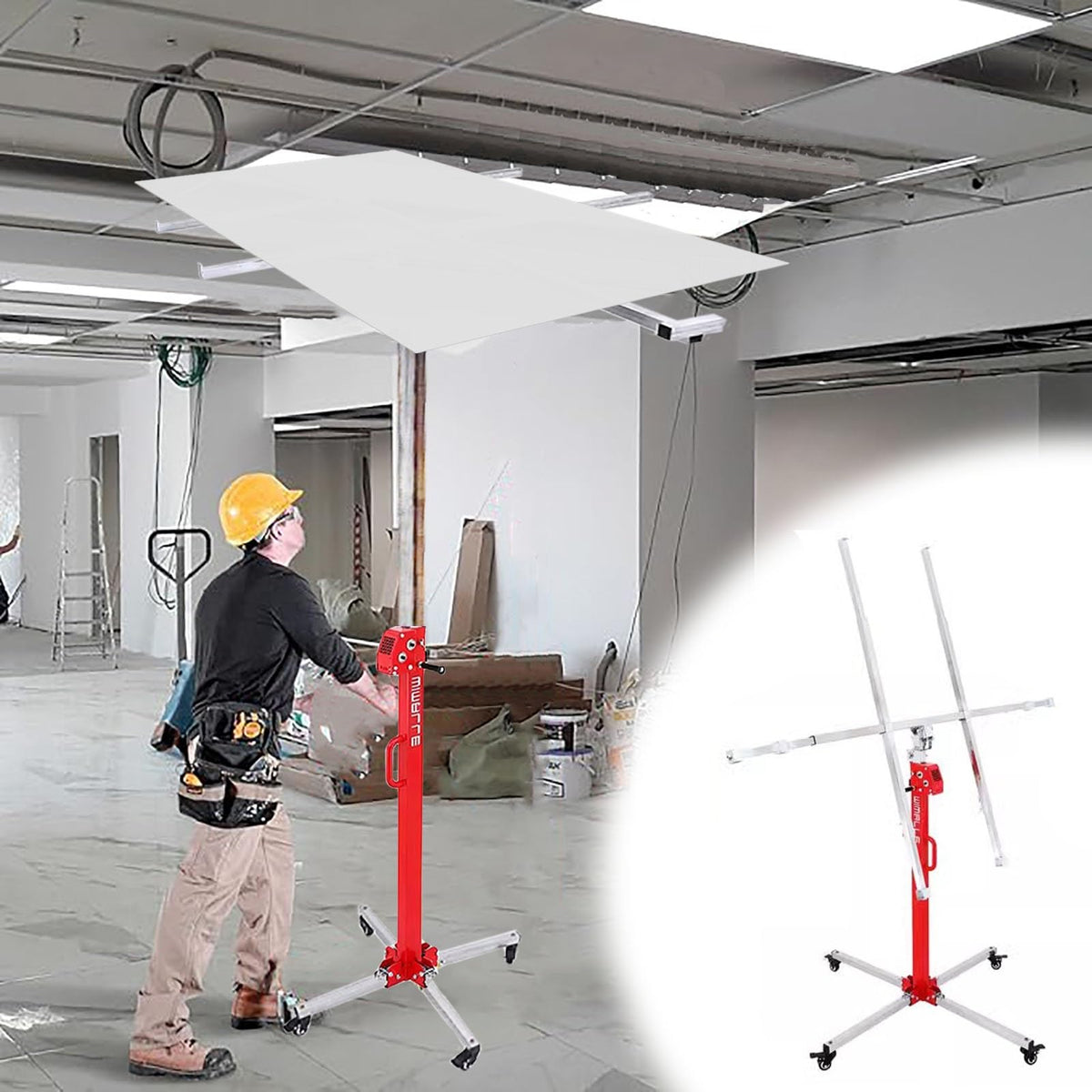 Drywall Lift Red Drywall Rolling Lifter Panel, 10/11.5/13/14.7/16.4 Ft Sheetrock Lifting Tools, Adjustable Ceiling Board Hoist Commercial, for Workshop Garage(3.0 m(10ft))