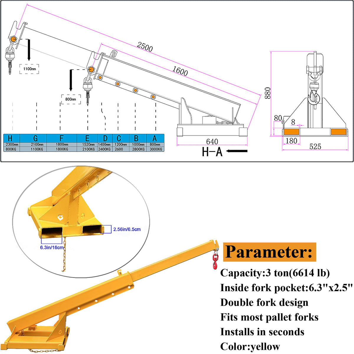 Forklift Jib Boom Crane 6600lbs Capacity Telescoping Mobile Crane Industrial Adjustable Forklift Lifting Hoist Truss Jib Boom Hook Manual Telescopic 63in-98in for Warehouse & Factories