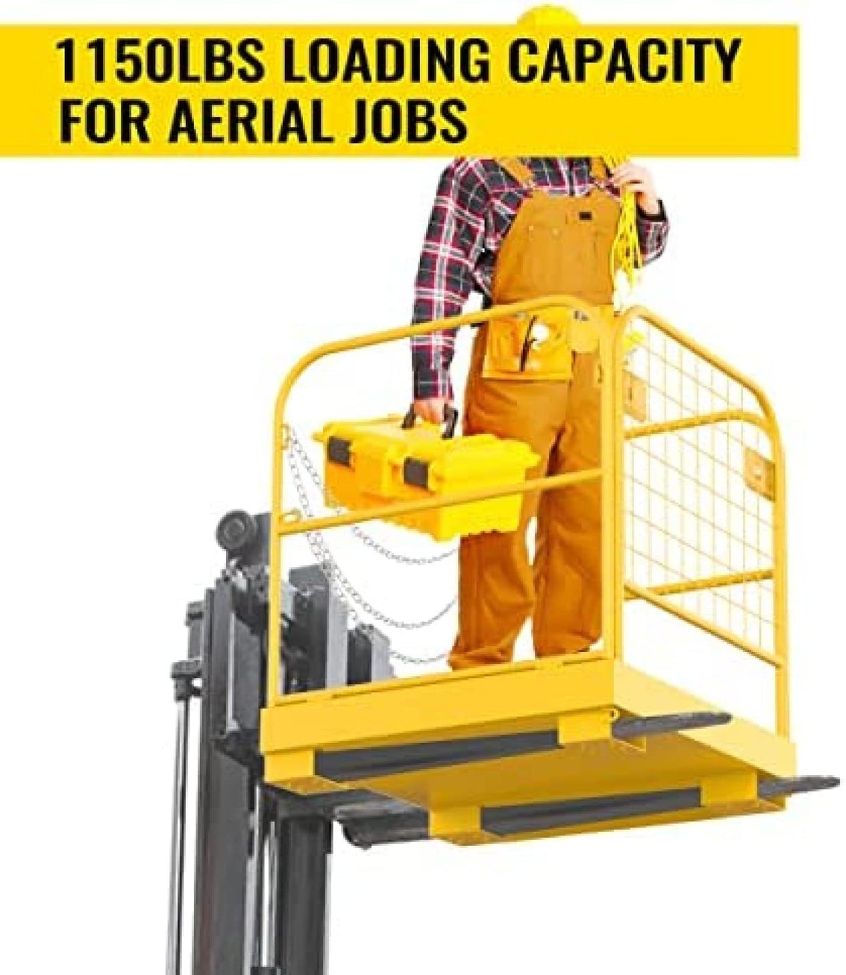 Forklift Safety Cage, Forklift Man Basket 1150lbs Capacity, Work Platform with Safety Harness & Lock, Drain Hole & Wheels & Tool Basket, Perfect for Aerial Work