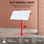16ft 150lb Heavy-Duty Drywall Lift – Telescopic Sheetrock Hoist with 360° Swivel & 60° Tilt Arm, Tool-Free Adjustment, 3 Lockable Casters – Red + Black
