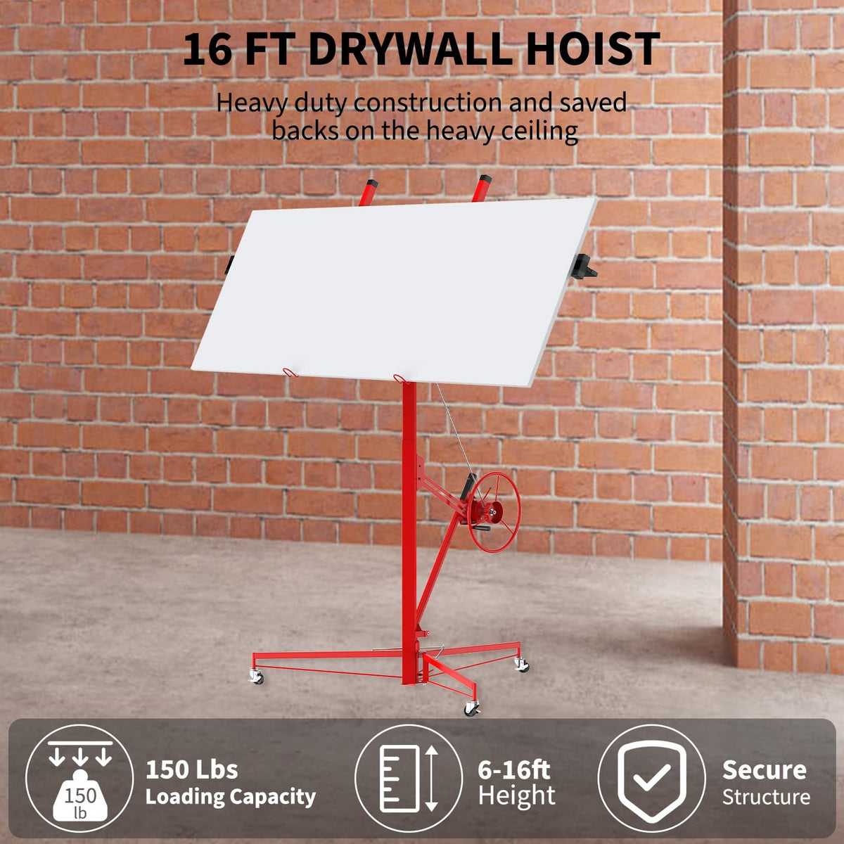 16ft 150lb Heavy-Duty Drywall Lift – Telescopic Sheetrock Hoist with 360° Swivel & 60° Tilt Arm, Tool-Free Adjustment, 3 Lockable Casters – Red + Black