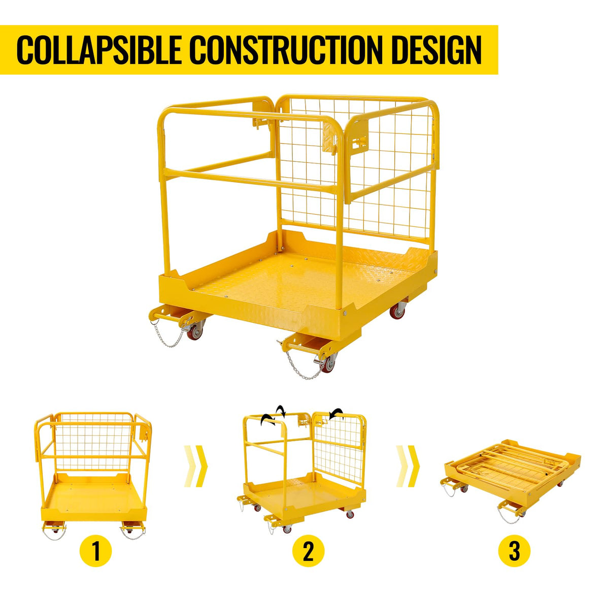 Forklift Safety Cage 36 x 36 inches, 1200 lbs Capacity Man Basket, Folding Work Platform with 4 Wheels, Collapsible Cage Lift Basket for Aerial Jobs