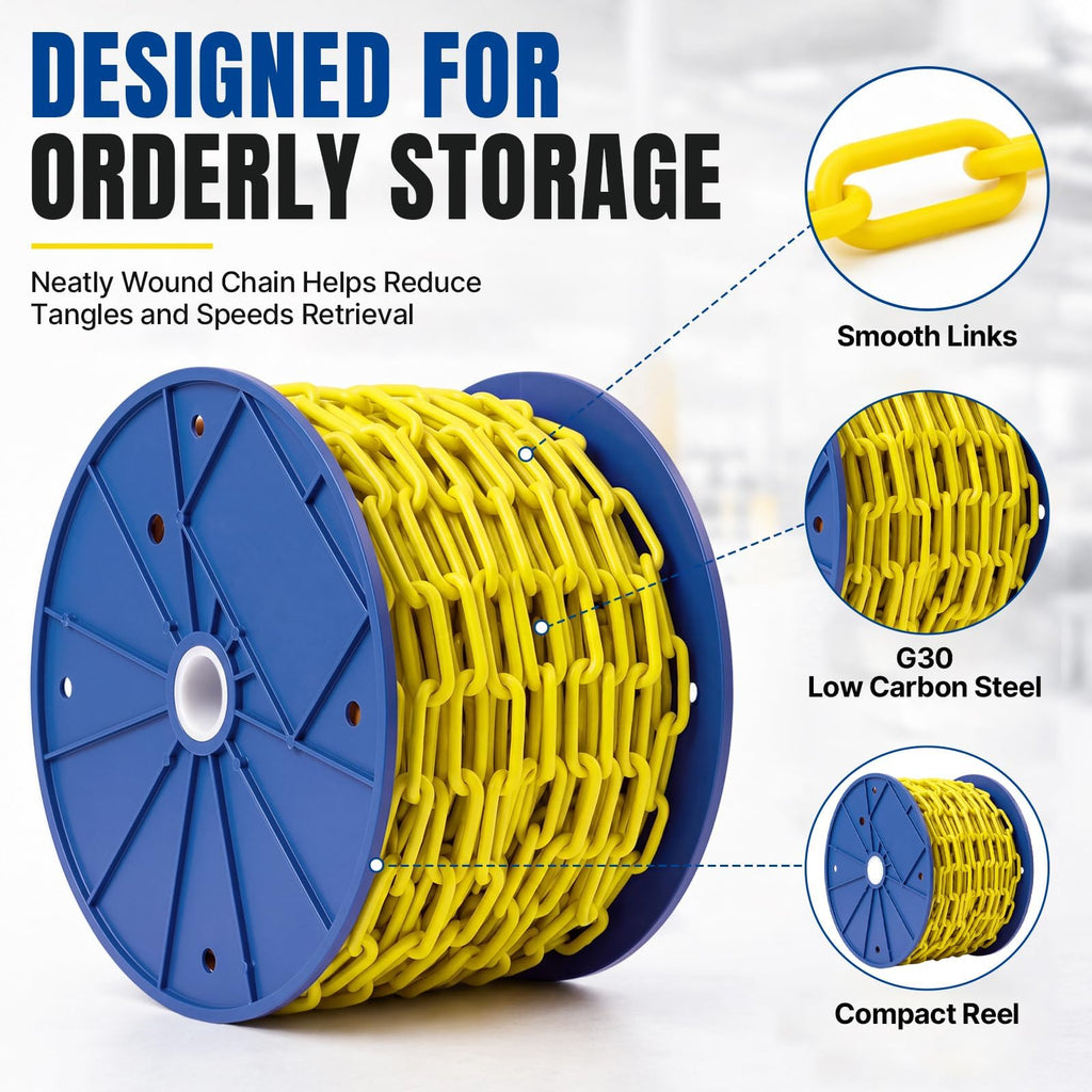 100FT Yellow Safety Chain, G30 Low Carbon Steel 3/16" Safety Chain on Reel