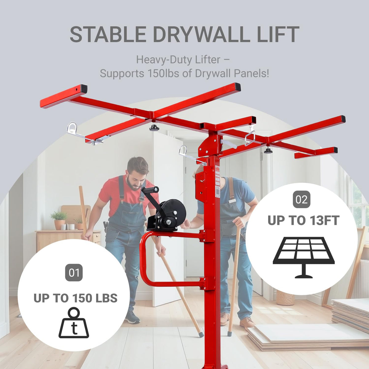 13Ft Drywall Lift Panel Hoist, 150lbs Capacity Sheetrock Lift Drywall Panel Hoist Tool, Drywall Lifter with 360° Adjustable Telescopic Arm & 4 Lockable Wheels (Red 13Ft)
