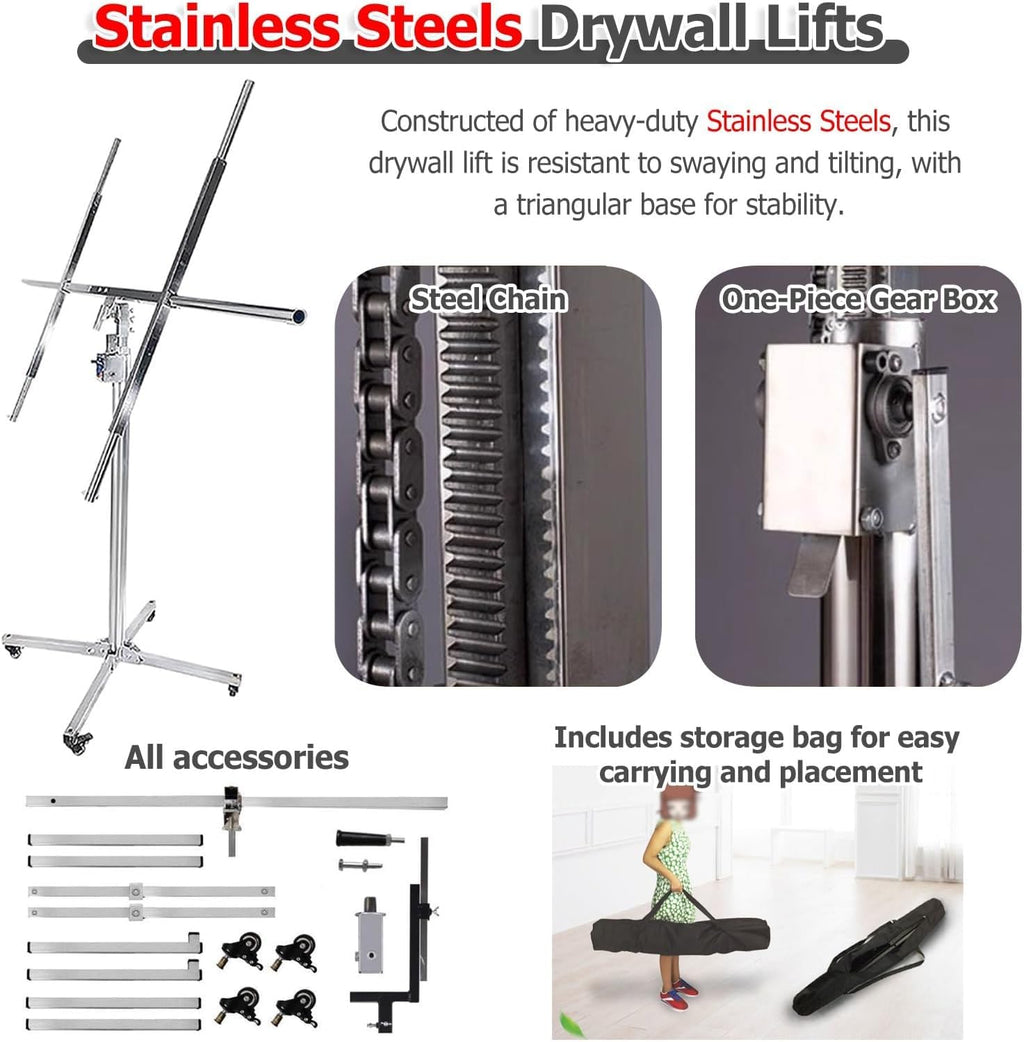 Lockable Board Sheetrock Lift for Site Construction - 110 Lbs Load Capacity Panel Hoist Lift w/Adjustable Telescopic Arm - Tiltable Rotation Panel(Max H 3.2m/126in/10.5ft)
