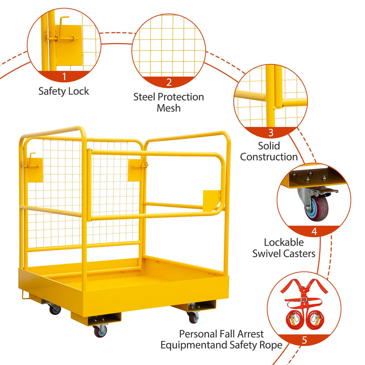 36"x36" Foldable Forklift Safety Cage, 1200LBS Yellow Capacity Work Platform with Safety Harness & 4 Wheels Aerial Platform for Lifting Loader