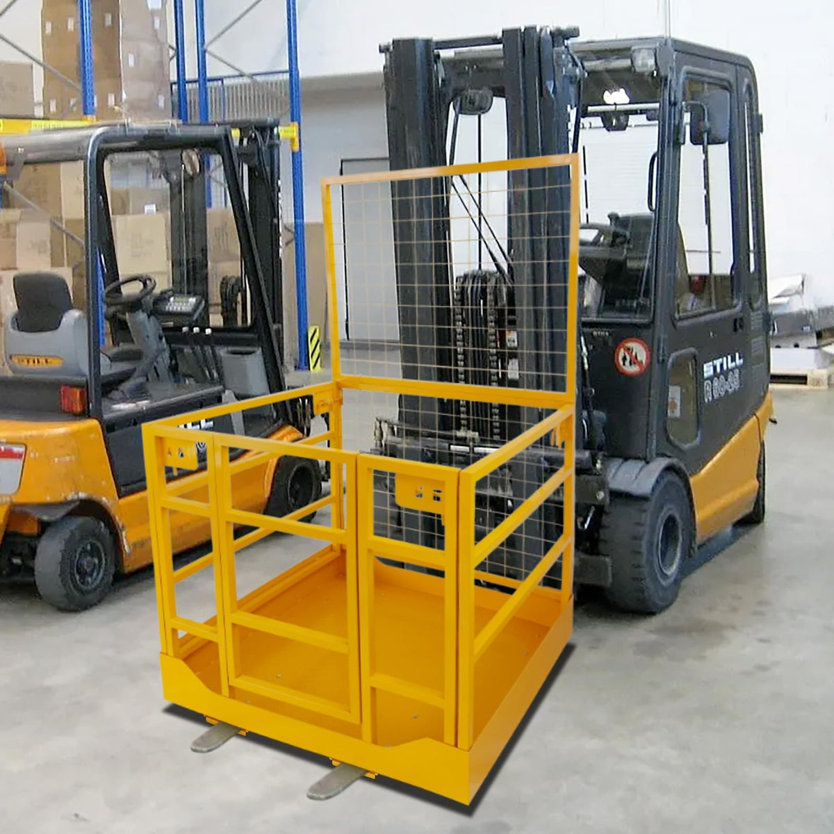 43"x45" Forklift Safety Cage, 1400 LBS Yellow Capacity Forklift Work Platform with Lockable Swivel Wheels, Safety Harness & Lock, Collapsible Lift Basket Aerial Platform for Lifting Loader