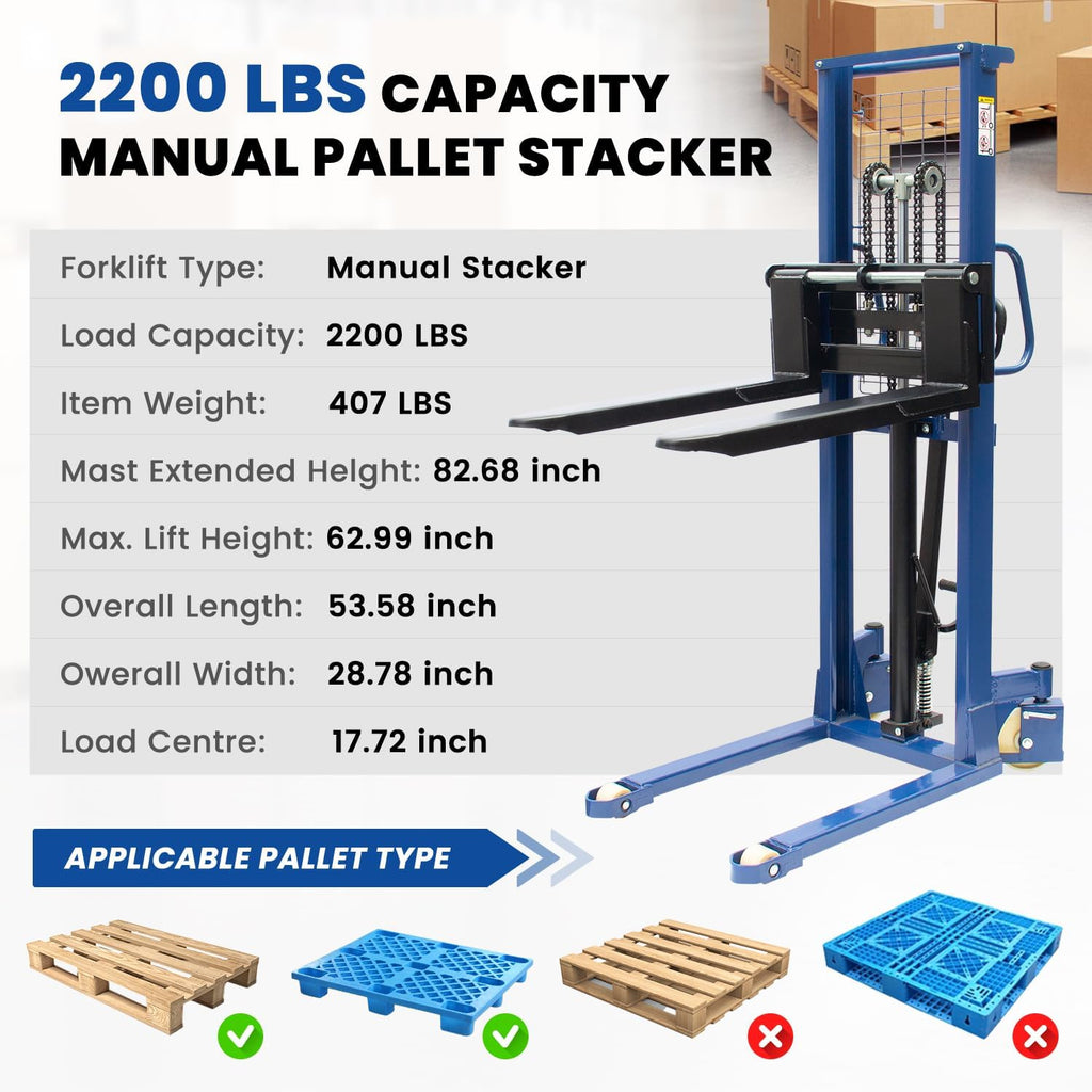 Manual Pallet Stacker 2200 LBS Capacity, 63" Lift Height Hand Pallet Forklift with Adjustable Forks & Fixed Legs, Heavy Duty Warehouse Material Lift for Open Deck Pallets