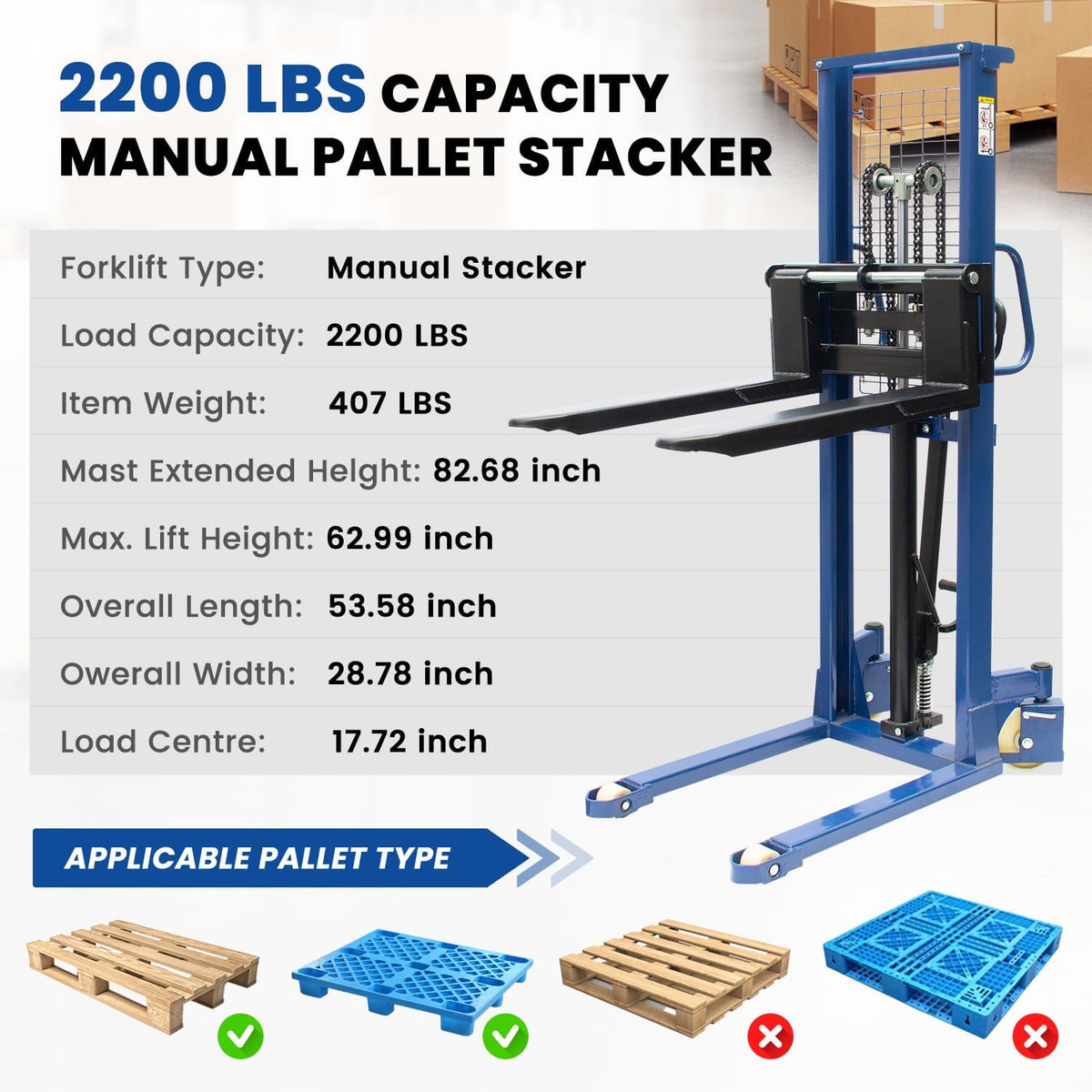 Manual Pallet Stacker 2200 LBS Capacity, 63" Lift Height Hand Pallet Forklift with Adjustable Forks & Fixed Legs, Heavy Duty Warehouse Material Lift for Open Deck Pallets
