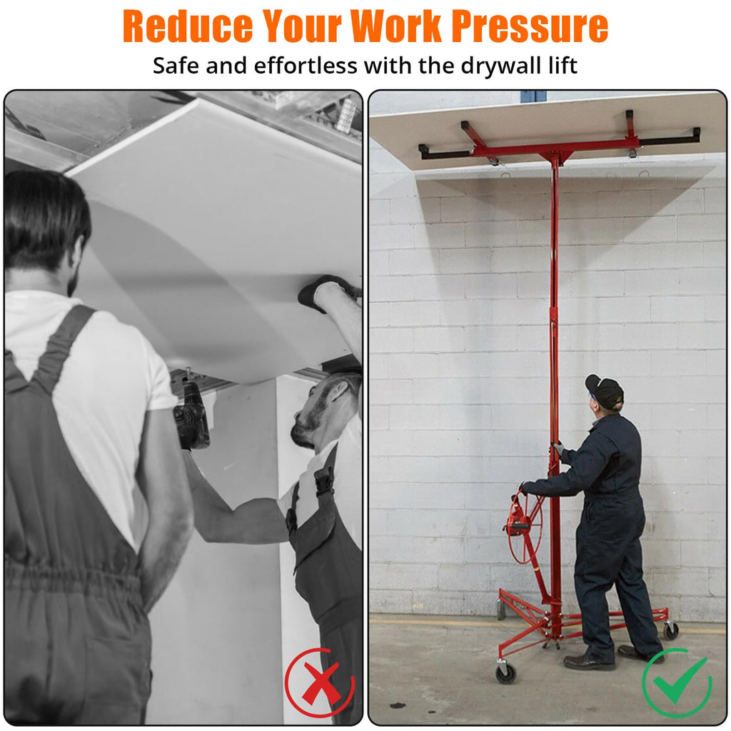 11FT Drywall Lift Sheetrock Lift, 150LBS Capacity Drywall Panel Hoist Jack, Heavy Duty Drywall Lifter for Home Improvement, with Adjustable Telescopic Arm & 3 Lockable Wheels, Red