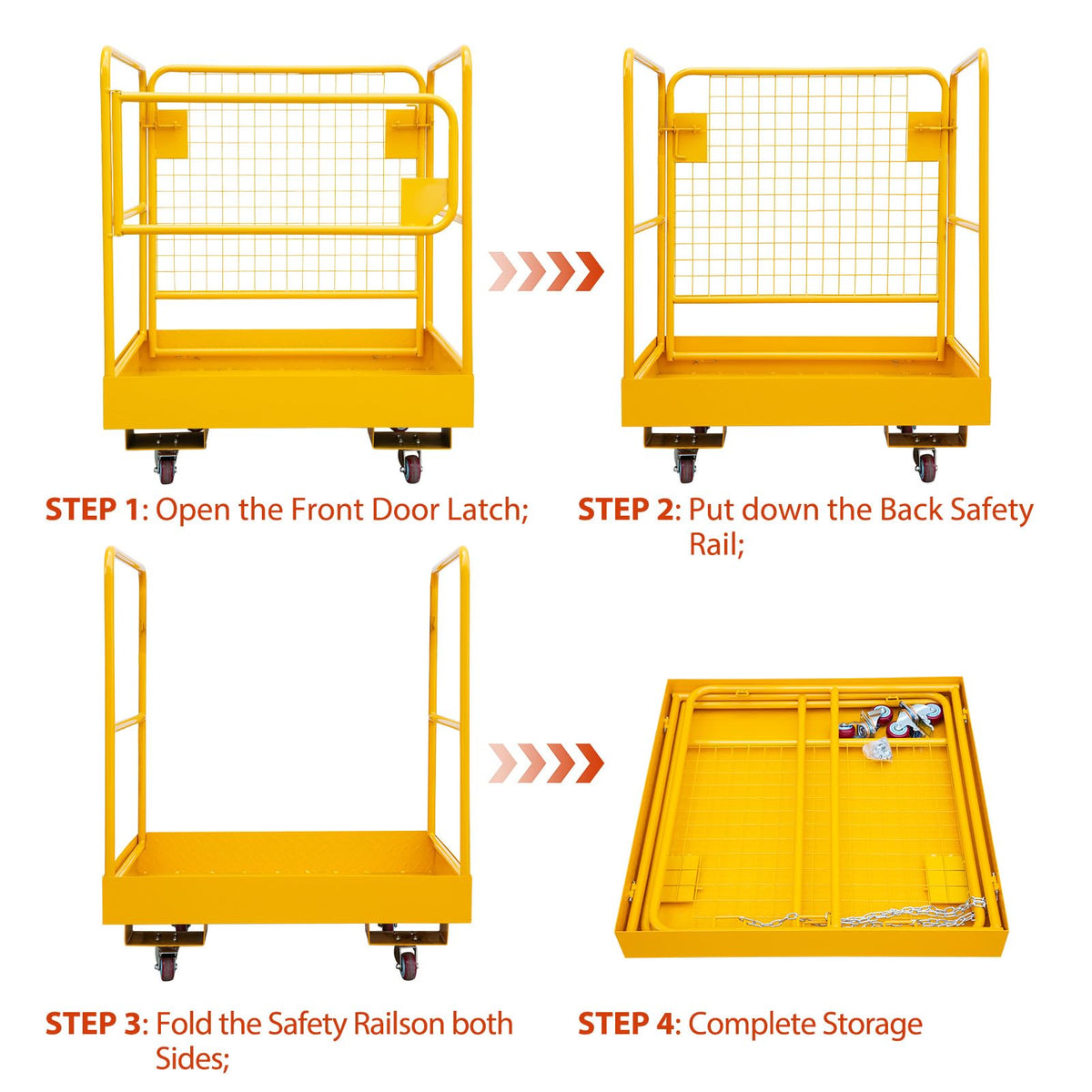36"x36" Foldable Forklift Safety Cage, 1200LBS Yellow Capacity Work Platform with Safety Harness & 4 Wheels Aerial Platform for Lifting Loader