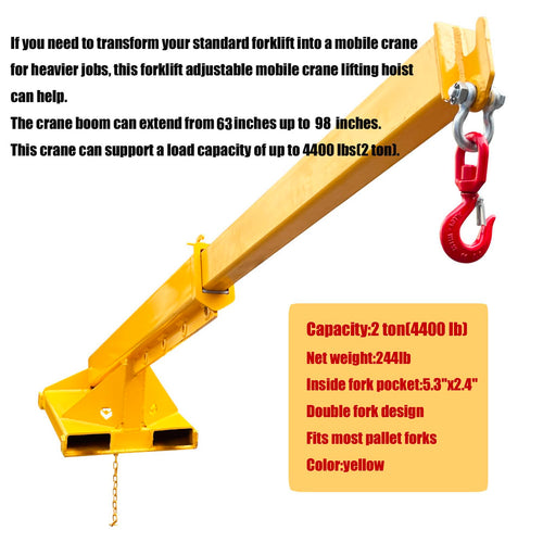 4400LB Adjustable Forklift Mobile Crane, Lifting Forklift Extension Attachments, Fix Angle Jib Boom Crane, W/Telescopic Boom and Hook, for Forklift Towing Handling 63in to 98in Extended Arm