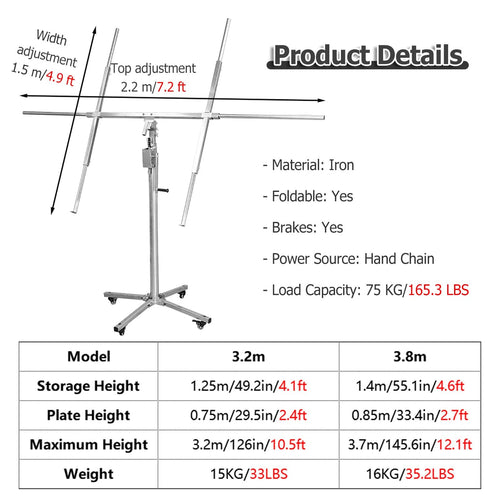 10.5 Ft 12 Ft Drywall Lift Panel Rolling Hoist Jack Lifter - One-Person Operation Drywall Panel Hoist for Walls & Ceiling - Stable Sheet Rock Construction Wall Jacks With Telescopic Arm(Max H 3.2m/126