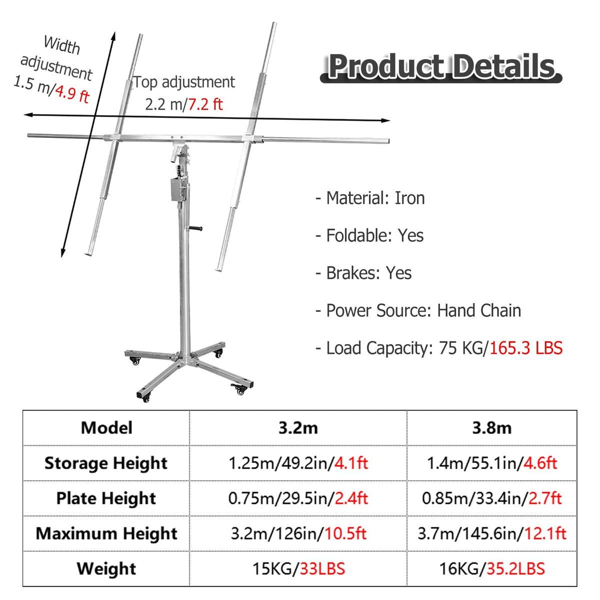 11 Ft 12 Ft Drywall Lift Panel Rolling Hoist Jack Lifter - 165 LBS Load Capacity Hand Sheetrock Lift Drywall Lift Easy Assembly - Drywall Panel Hoist Jack w/Adjustable Telescopic Arm(Small 3.2m/126in/