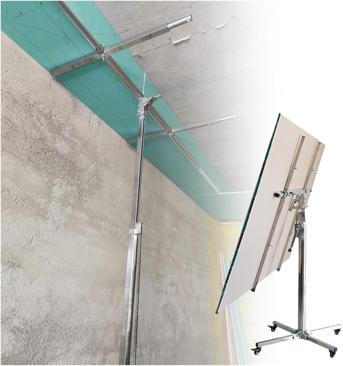 Sheetrock Hoist Drywall Lift with Adjustable Telescopic Arm, Drywall Lift Hoist Panel Plaster Board Lift, Drywall Jack for Ceiling with 4 Lockable Wheels, 50 Kg Weight Capacity(Medium - Max H 12.1ft)