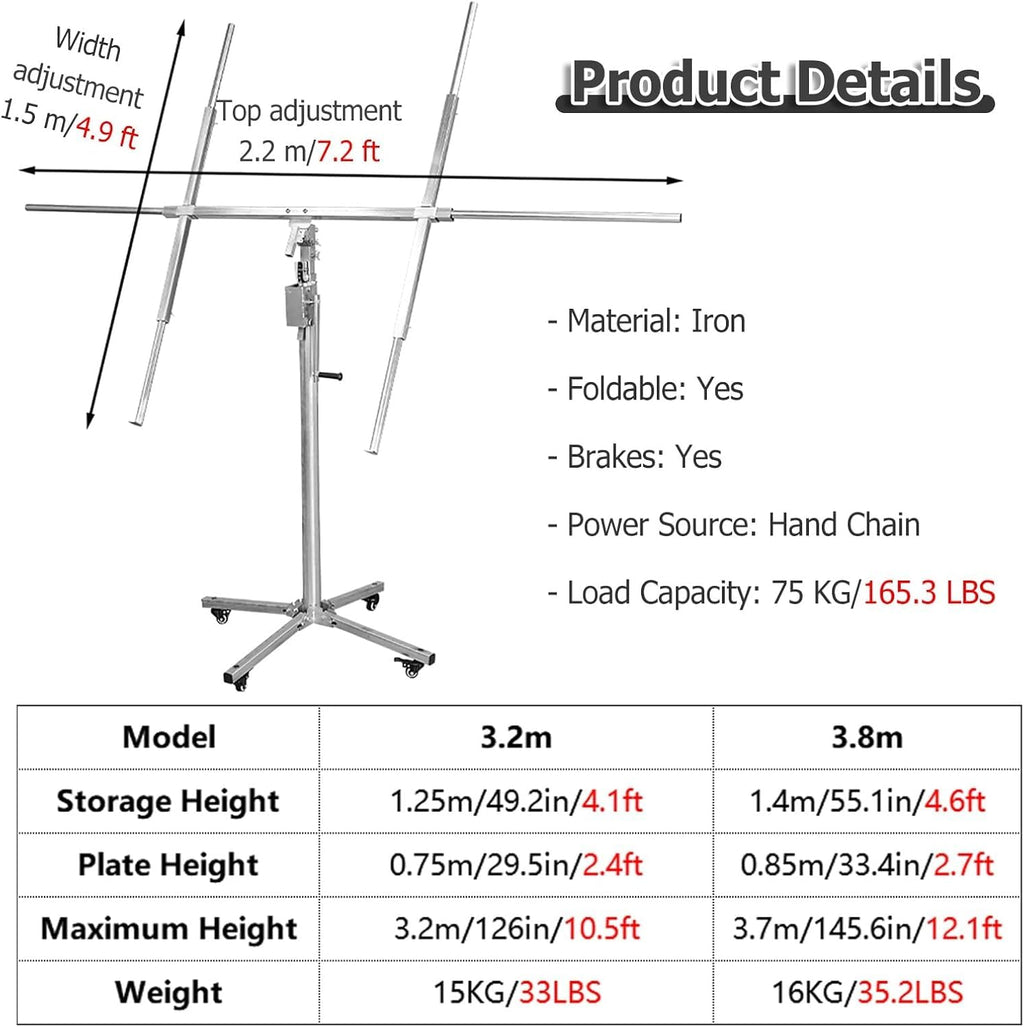 Drywall Panel Hoist Jack for Ceiling With 4 Lockable Wheels - 3.2m 3.8m Tall Sheetrock Lift Drywall Lift Heavy Duty for Home Improvement(H 3.8m/12.4ft+storage bag)