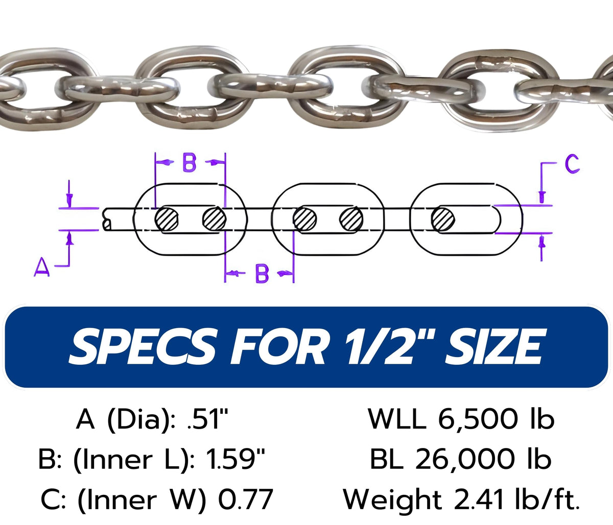 G43 ISO AISI 316 Marine Grade Stainless Steel Anchor Chain | Mirror Polished Finish | Marine Grade | ISO G43 (Choose Size and Length)