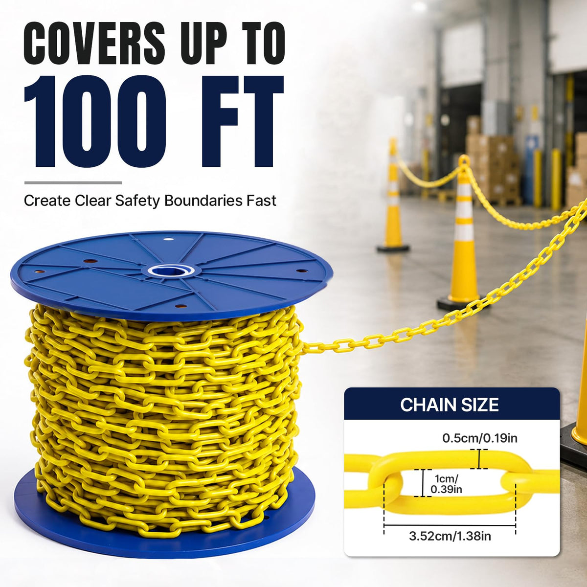 100FT Yellow Safety Chain, G30 Low Carbon Steel 3/16" Safety Chain on Reel