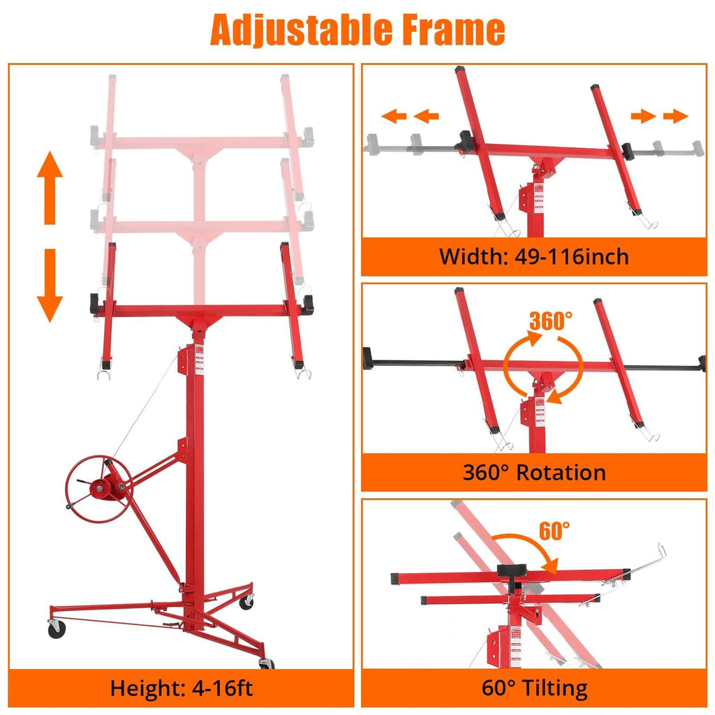 16FT Adjustable Panel Hoist for Ceiling, 150LBS Heavy Duty Drywall Lifter with Lockable Wheels - Red