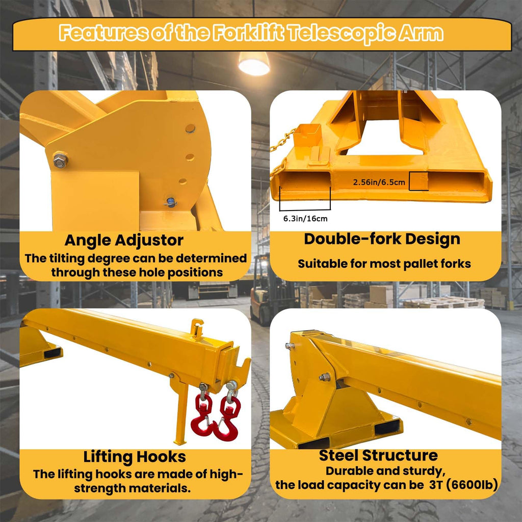 6600LB Forklift Mobile Crane, 12FT Maximum Extension Arm Attachments, Adjustable Angle Jib Boom Crane, W/Telescopic Boom and Hook, for Forklift Towing Handling