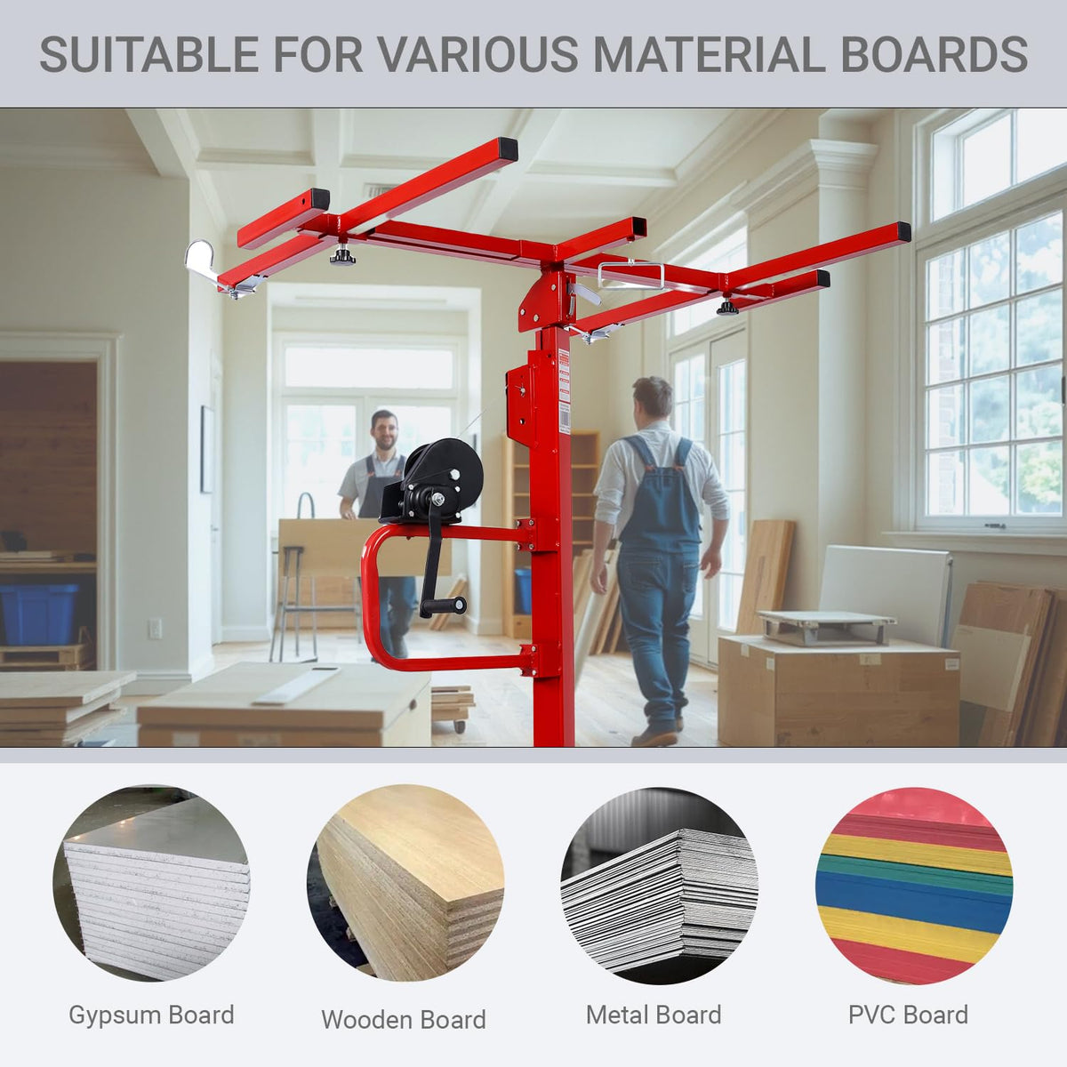 13Ft Drywall Lift Panel Hoist, 150lbs Capacity Sheetrock Lift Drywall Panel Hoist Tool, Drywall Lifter with 360° Adjustable Telescopic Arm & 4 Lockable Wheels (Red 13Ft)
