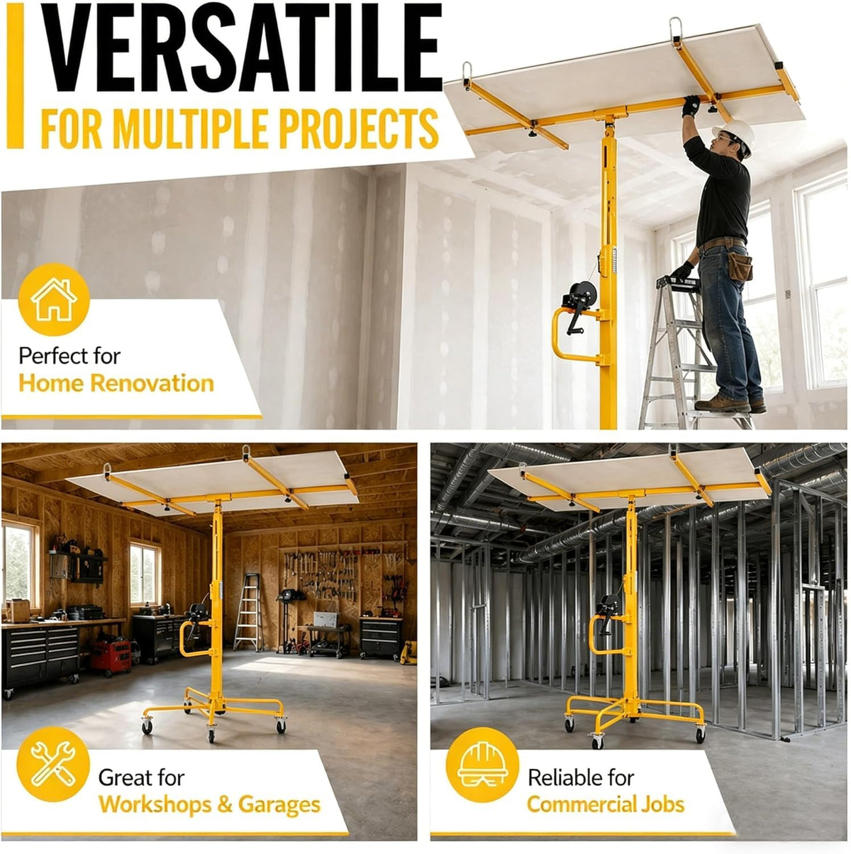 16FT Drywall Lift Sheetrock Lift, 150LBS Drywall Lift Panel Hoist with 4 Lockable Wheels for Ceiling, Drywall Rolling Lifter Panel, Drywall Jack Lift for Home & Commercial Use, Yellow