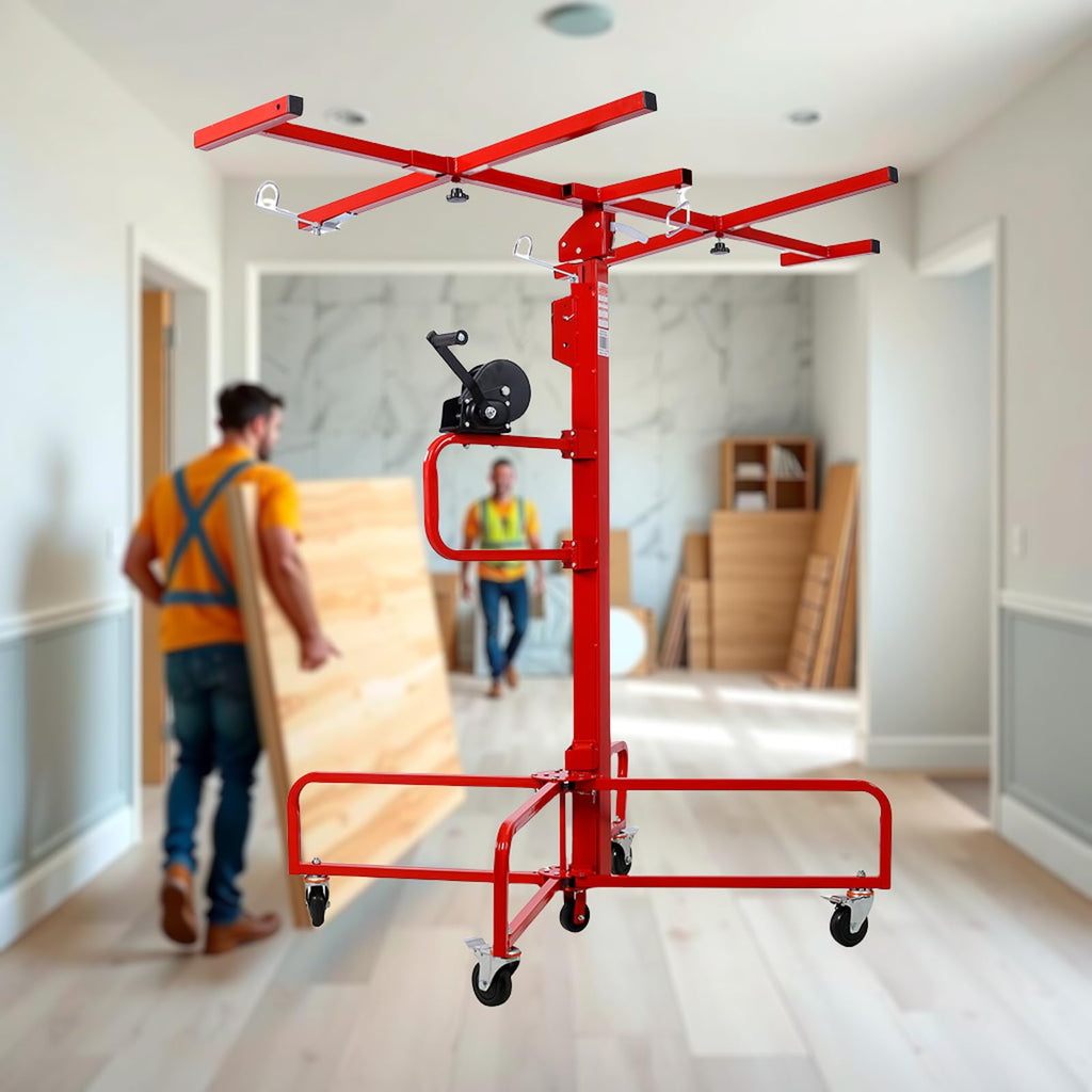 13Ft Drywall Lift Panel Hoist, 150lbs Capacity Sheetrock Lift Drywall Panel Hoist Tool, Drywall Lifter with 360° Adjustable Telescopic Arm & 4 Lockable Wheels (Red 13Ft)