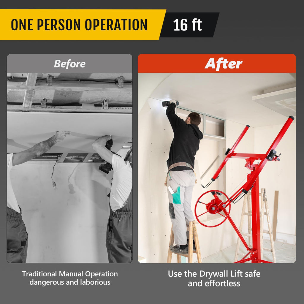Heavy Duty 16FT Drywall Lift – 150 lbs Capacity Steel Sheetrock Hoist with Telescopic Adjustable Arm, Locking Wheels, One-Person Operation for Ceiling & Wall Installation, Red