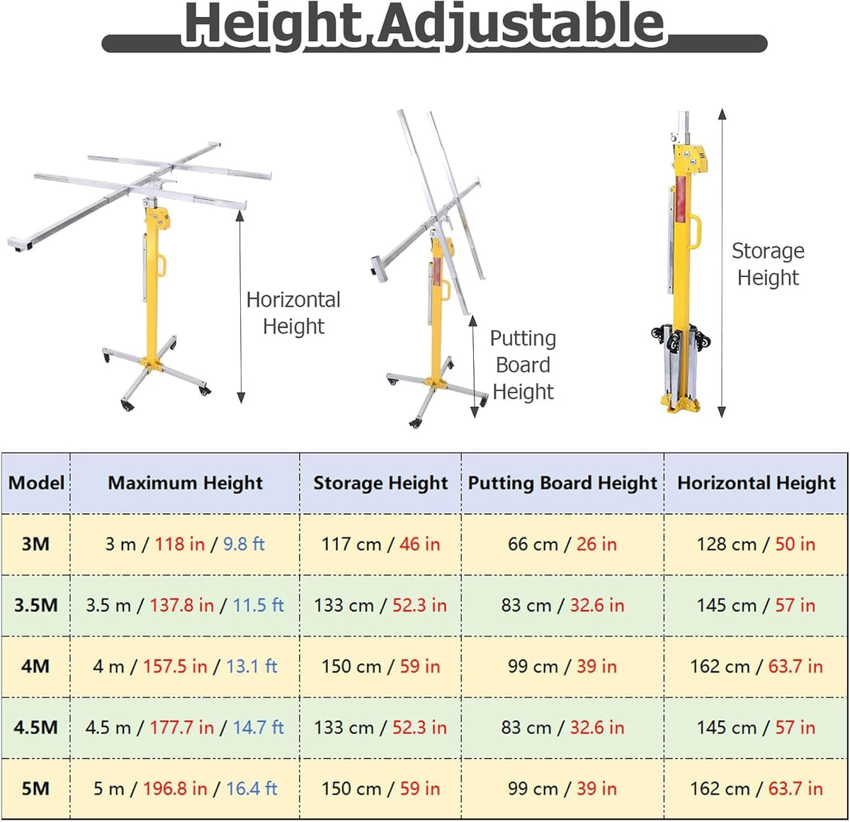 Heavy Duty Sheetrock Lift with 360°Rolling Caster Wheels, Drywall Panel Hoist Drywall Lifter Jack 11 Ft 10 Ft 15 Ft 16 Ft, Adjustable Height Drywall Rolling Lifter Panel(Height 3m/118in/9.8ft)