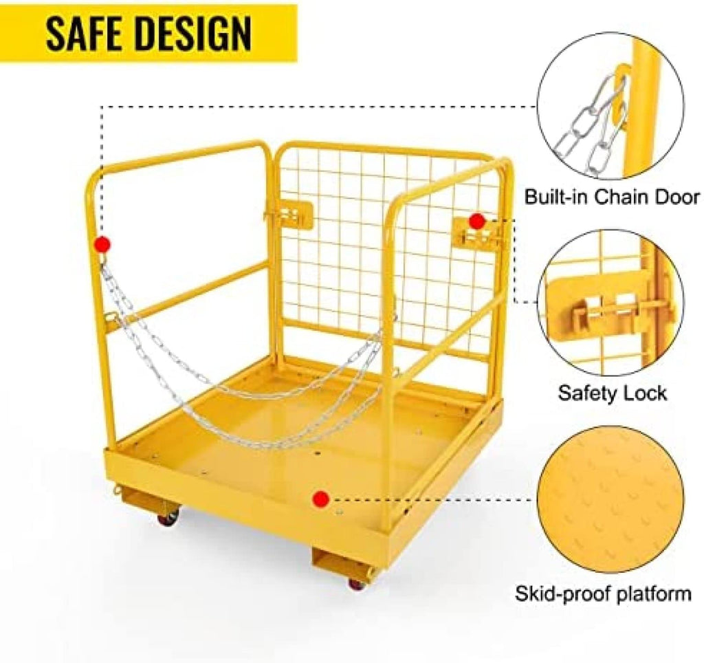 Forklift Safety Cage, Work Platform 1150LBS Capacity with 4 Universal Wheels, Heavy Duty Steel Forklifts Basket Man Platform with 3 Chains